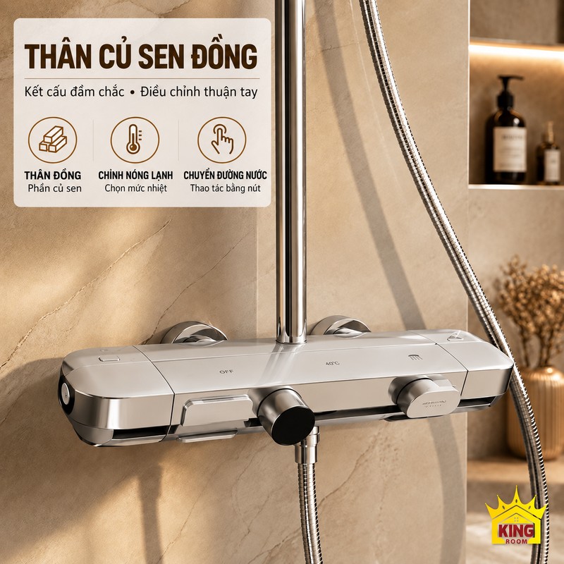 Thân củ sen đồng và cụm điều khiển Cận cảnh thân củ sen KINGROOM bằng đồng với các núm và nút điều khiển