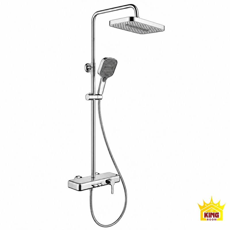 Toàn bộ sen cây tắm đứng KINGROOM chrome bát vuông, tay sen và dây sen trên nền trắng