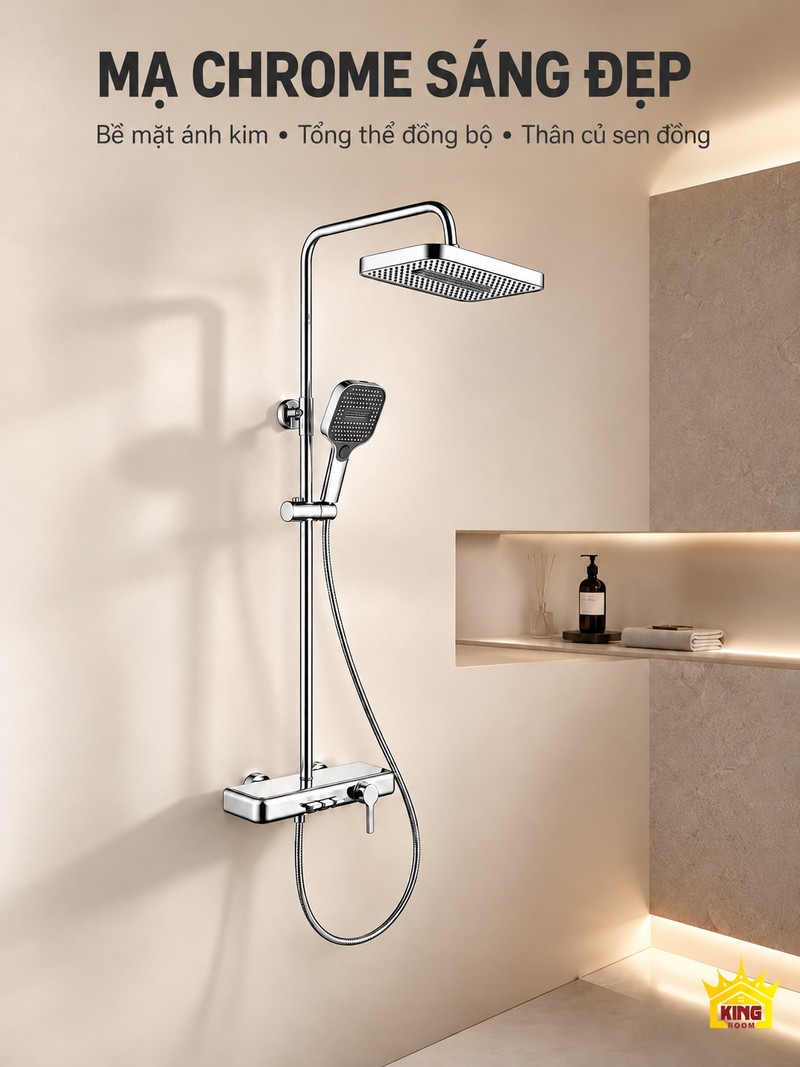 Bề mặt mạ chrome Bề mặt mạ chrome sáng trên bát sen, thanh đứng và củ sen KINGROOM