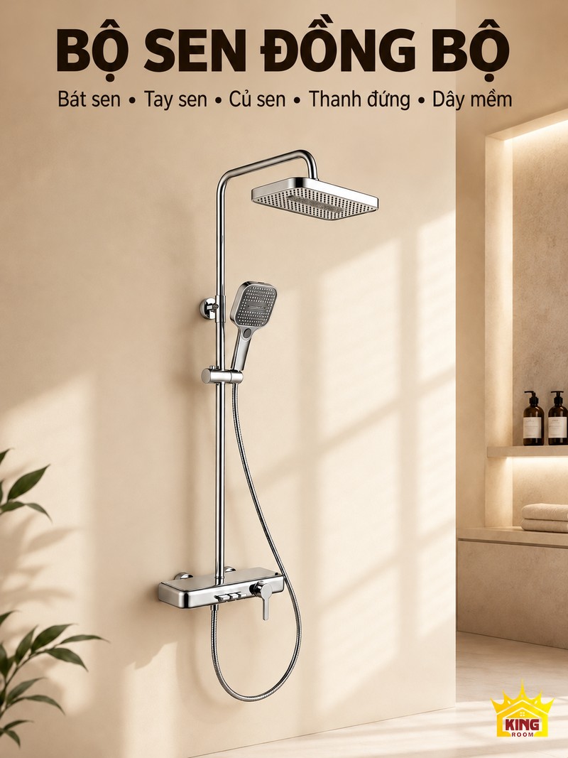 Các bộ phận của bộ sen chrome Bát sen, tay sen, thanh đứng, củ sen và dây mềm KINGROOM mạ chrome