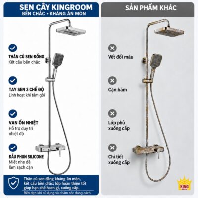 Sen cây tắm đứng KINGROOM mạ chrome, bát vuông ổn nhiệt đối chiếu với bề mặt hoen gỉ và chi tiết xuống cấp ở sản phẩm khác