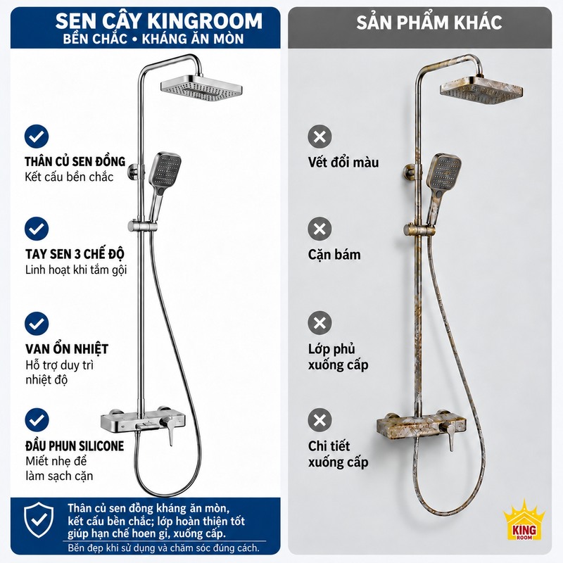 Sen cây tắm đứng KINGROOM mạ chrome, bát vuông ổn nhiệt đối chiếu với bề mặt hoen gỉ và chi tiết xuống cấp ở sản phẩm khác