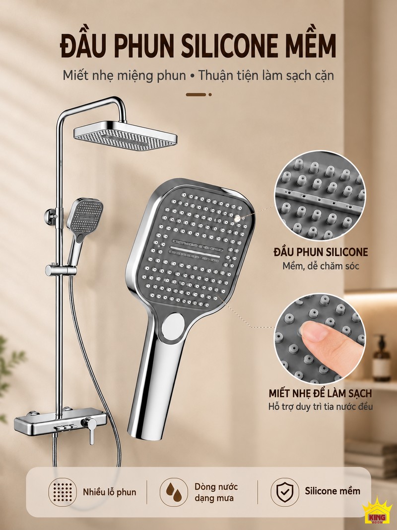Đầu phun silicone dễ làm sạch Cận cảnh đầu phun silicone trên tay sen KINGROOM và thao tác miết nhẹ miệng phun