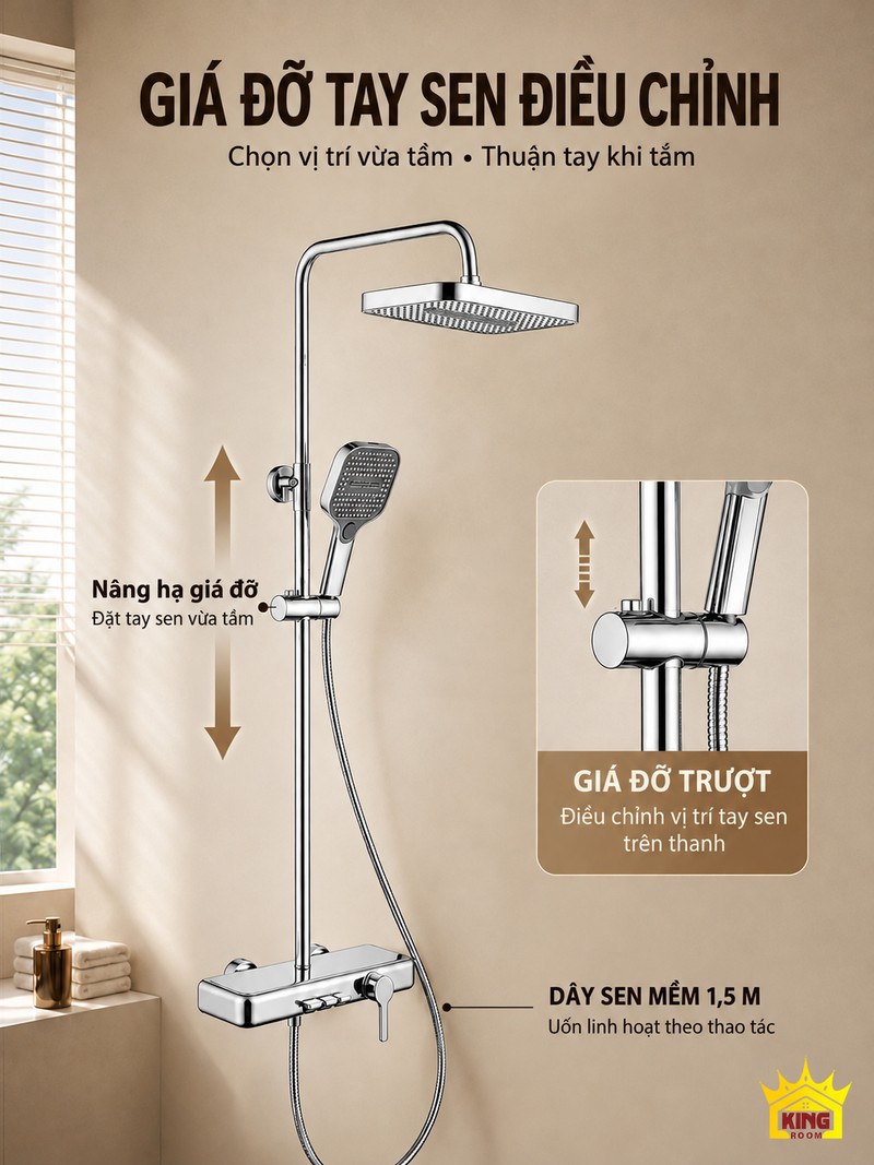 Giá đỡ tay sen và dây mềm 1,5 m Giá đỡ tay sen điều chỉnh và dây sen 1,5 m của bộ sen KINGROOM chrome