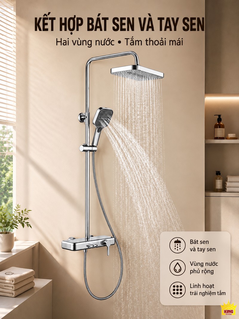 Kết hợp bát sen và tay sen Bát sen và tay sen của bộ KINGROOM chrome đang cùng phun nước