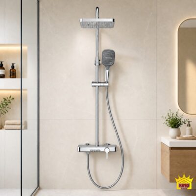 Sen cây KINGROOM mạ chrome bát vuông lắp trên tường gạch be trong phòng tắm