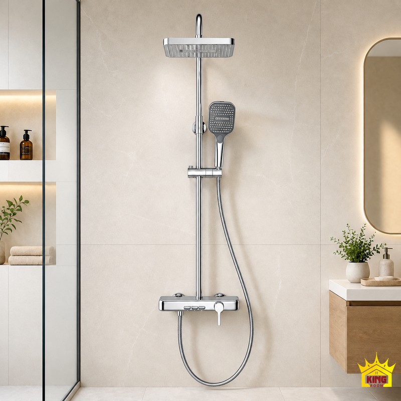 Sen cây KINGROOM mạ chrome bát vuông lắp trên tường gạch be trong phòng tắm