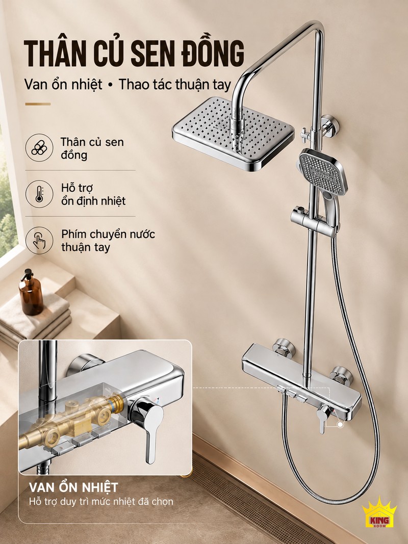 Thân củ sen và van ổn nhiệt Thân củ sen đồng KINGROOM chrome với ảnh minh họa cấu tạo van ổn nhiệt