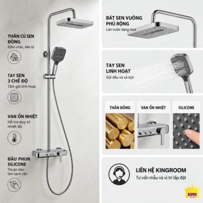 Bộ sen KINGROOM chrome với ảnh chi tiết bát vuông, tay sen và các tính năng chính