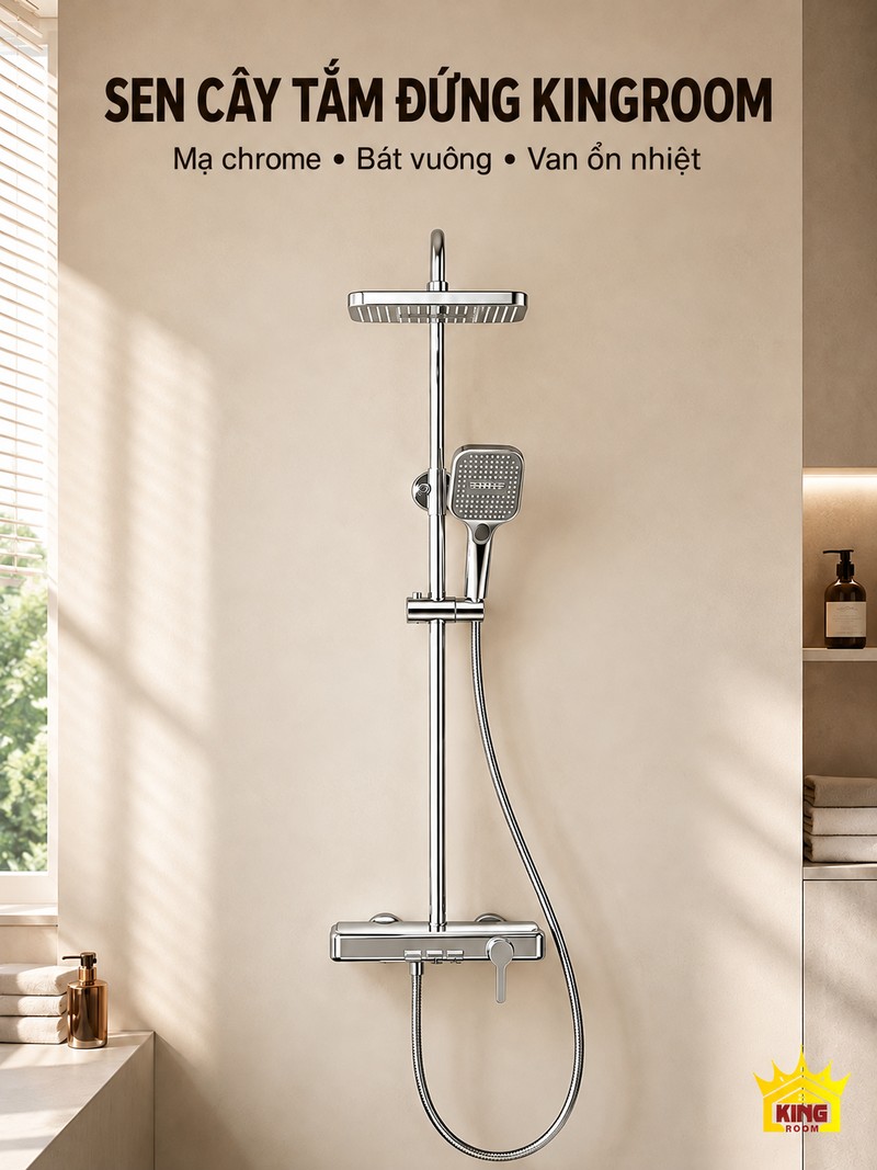 Thiết kế sen cây chrome ổn nhiệt Thiết kế tổng thể sen cây tắm đứng KINGROOM chrome bát vuông và cụm điều khiển
