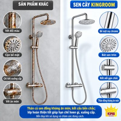 Sen Cây Tắm Đứng KINGROOM mạ chrome, van ổn nhiệt đối chiếu với bề mặt hoen gỉ và chi tiết xuống cấp ở sản phẩm khác