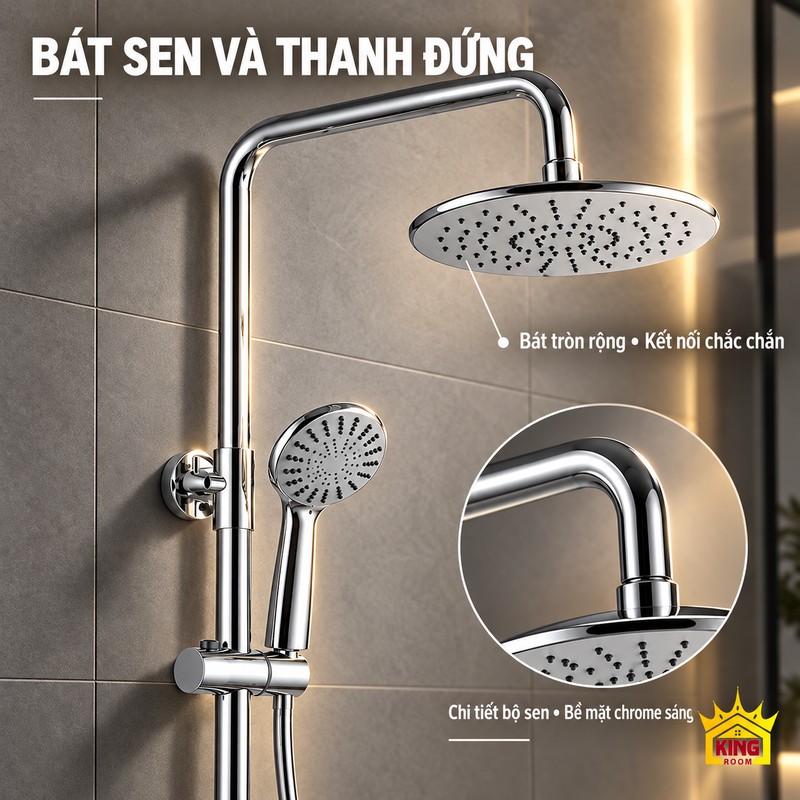 Bát sen tròn và thanh đứng chrome Cận cảnh bát sen tròn, thanh đứng chrome và đầu nối bát sen.