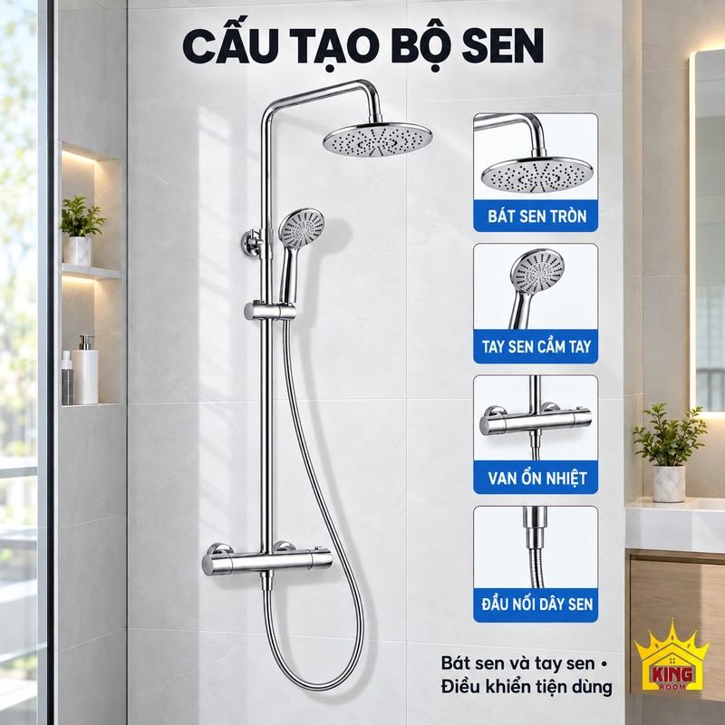 Cấu tạo bộ sen ổn nhiệt Bộ sen mạ chrome với hình chi tiết bát tròn, tay sen, van ổn nhiệt và đầu nối dây sen.