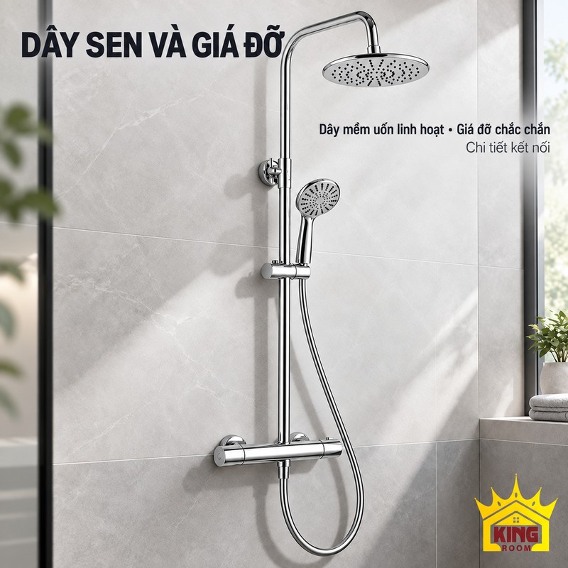 Dây sen và giá đỡ tay sen chrome Dây sen uốn cong và giá đỡ tay sen trên thanh đứng của bộ sen mạ chrome.