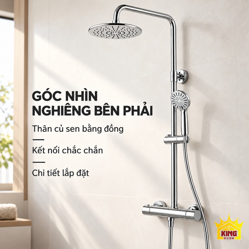 Góc nghiêng bên phải của sen chrome Sen cây mạ chrome nhìn nghiêng bên phải, thể hiện củ sen, dây sen và điểm lắp tường.