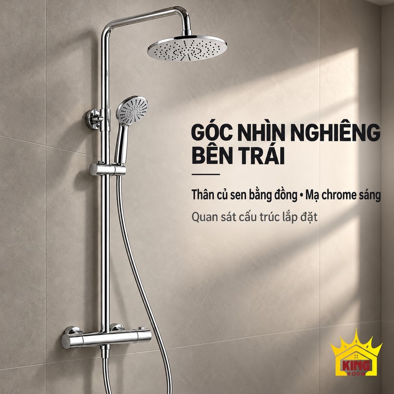 Góc nghiêng bên trái của sen chrome Bộ sen mạ chrome nhìn nghiêng bên trái, bát sen tròn và củ sen dạng trụ.