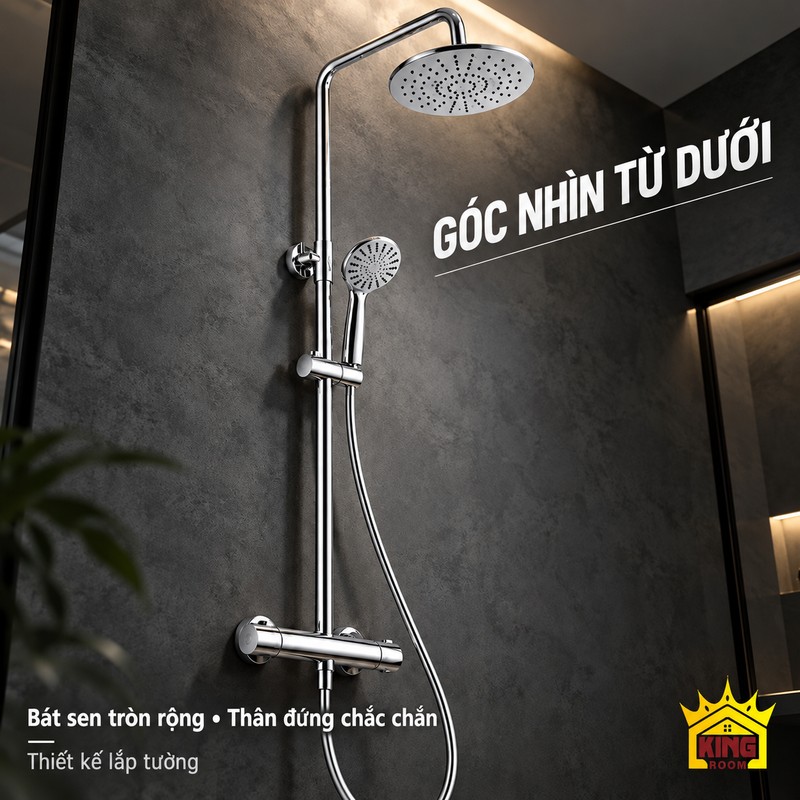 Sen chrome nhìn từ dưới Bộ sen bát tròn mạ chrome nhìn từ dưới trên nền tường phòng tắm tối.