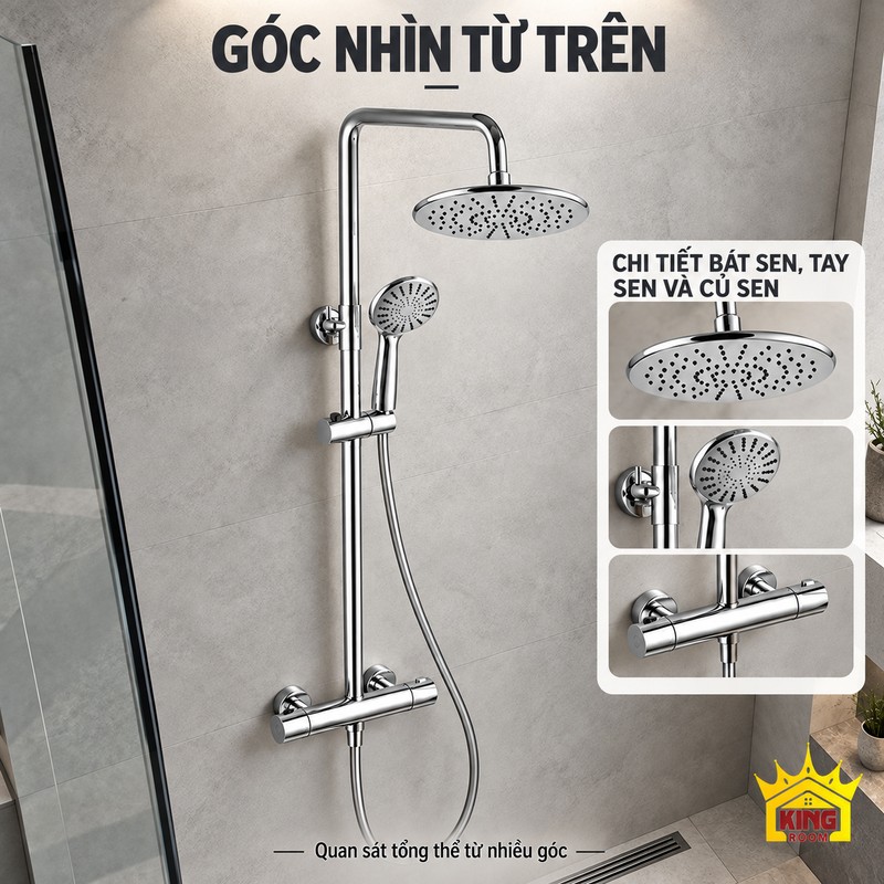Sen chrome nhìn từ trên Góc nhìn từ trên của bộ sen chrome và ba hình cận cảnh bát sen, tay sen, củ sen.