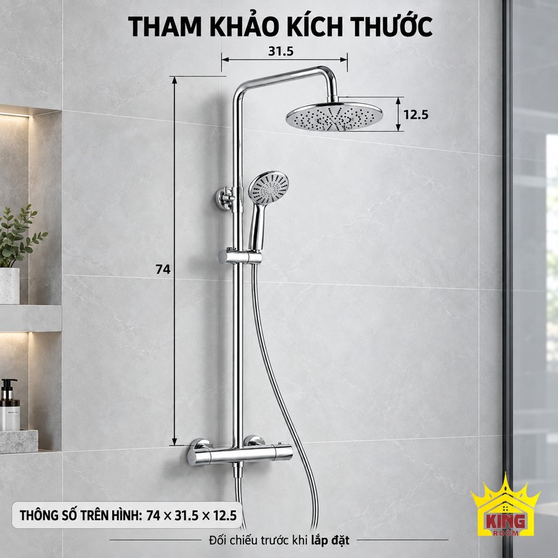 Sơ đồ kích thước sen chrome Sơ đồ sen chrome với các số đo 74, 31.5 và 12.5 giữ nguyên vị trí mũi tên.