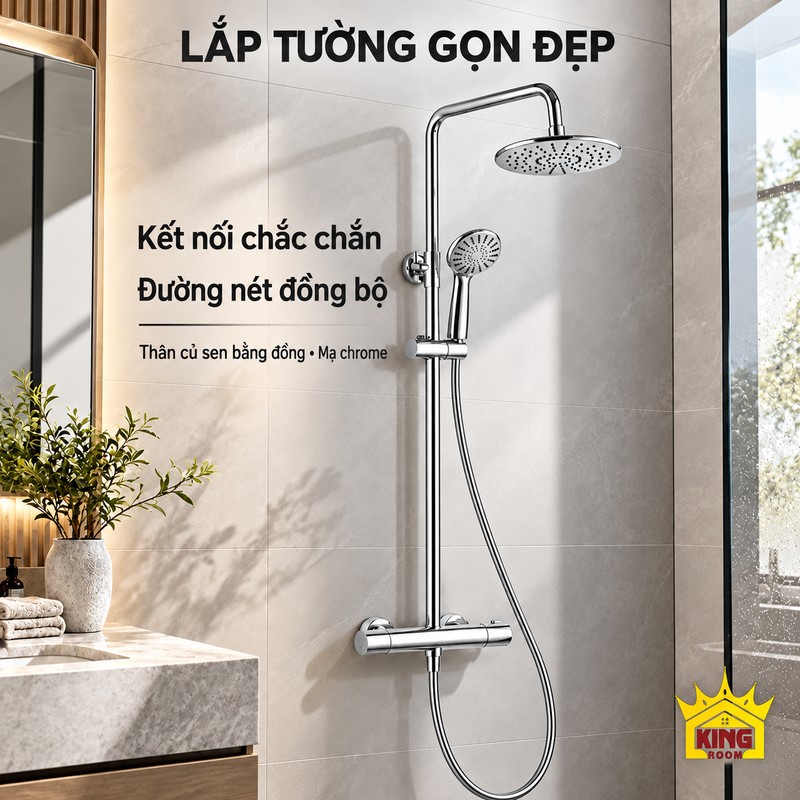 Bộ sen chrome lắp tường Bộ sen mạ chrome lắp tường với bát tròn phía trên, tay sen và củ sen dạng trụ.