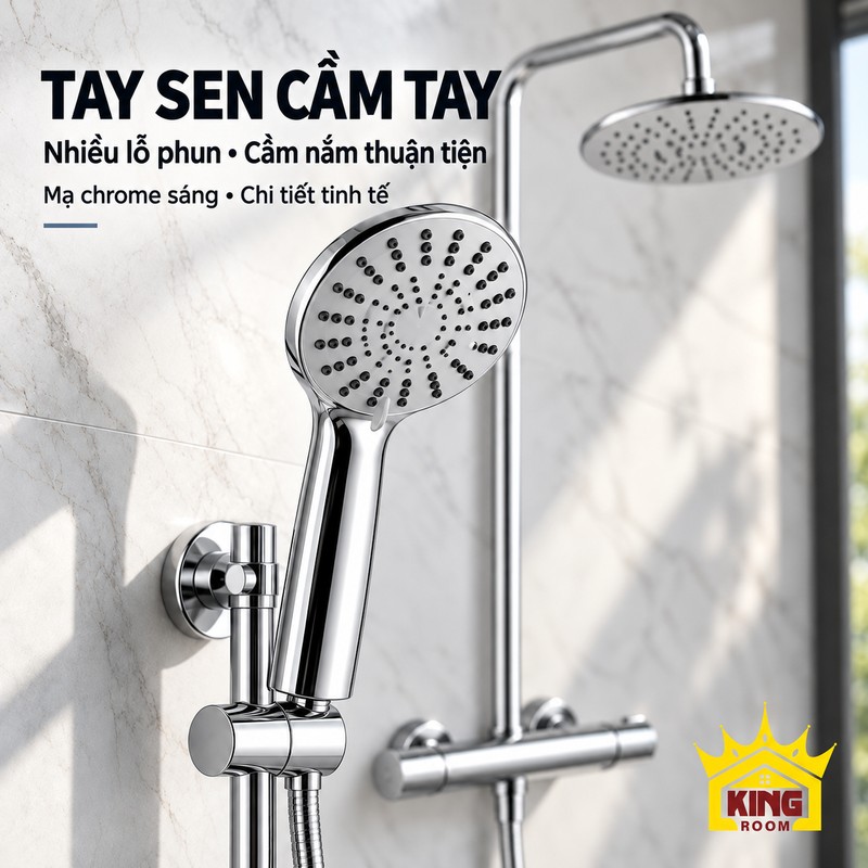 Tay sen tròn cầm tay Cận cảnh mặt phun tay sen tròn mạ chrome với nhiều lỗ phun và tay cầm thon.