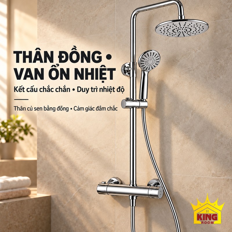Thân củ sen đồng và van ổn nhiệt Bộ sen mạ chrome với củ sen dạng trụ, thân đồng và chức năng ổn nhiệt.