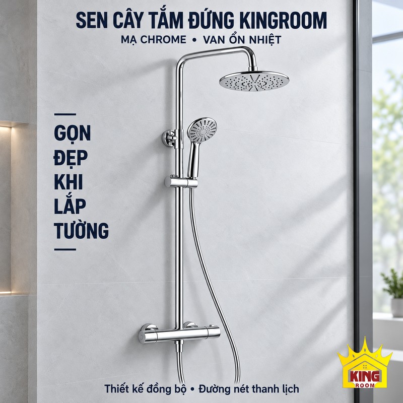 Sen cây chrome với van ổn nhiệt Sen cây bát tròn mạ chrome, thân củ sen đồng và van ổn nhiệt nhìn chính diện.