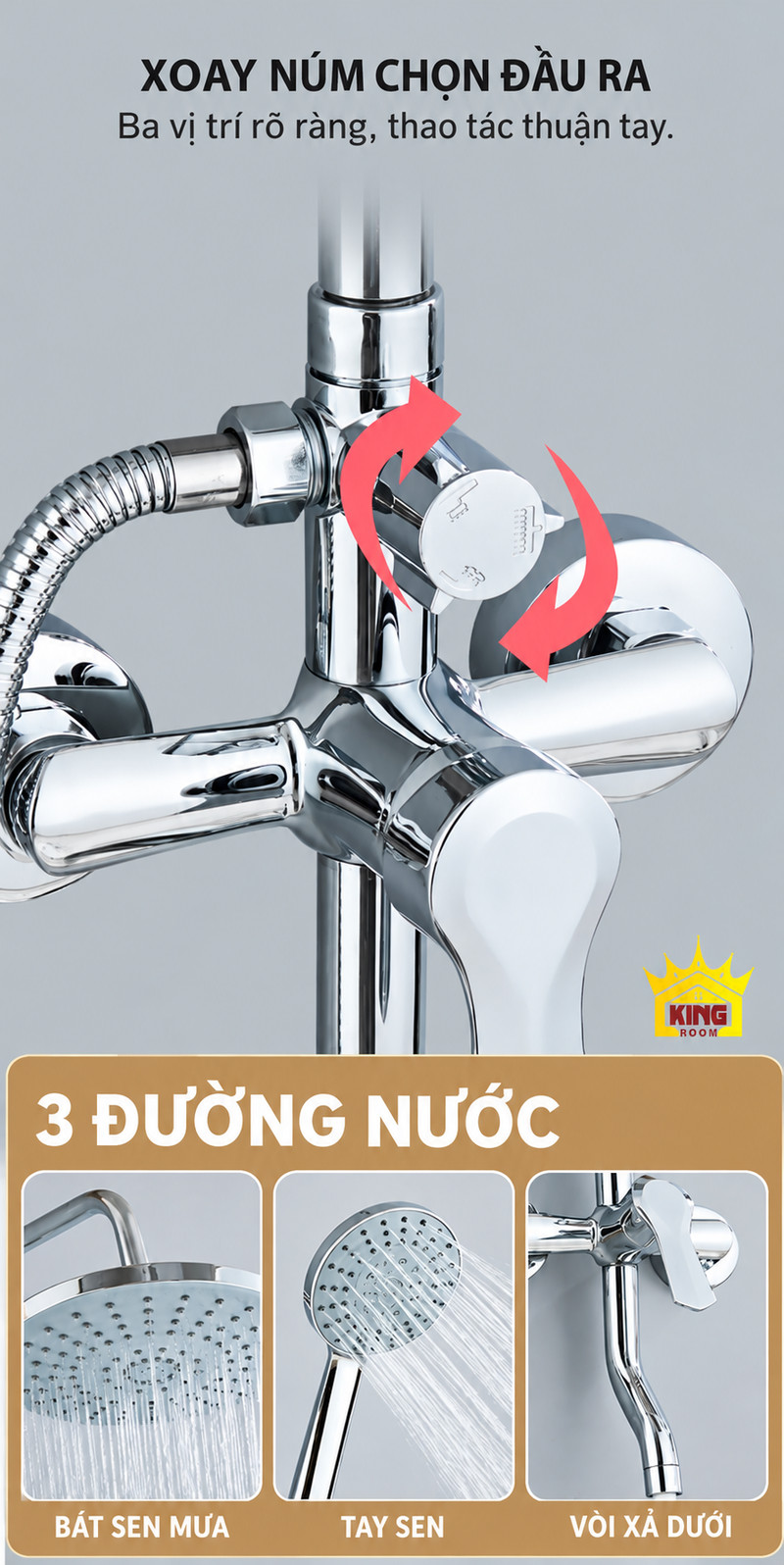 Núm chuyển ba đường nước Núm chuyển trên củ sen chrome và ba ảnh đầu ra bát sen, tay sen, vòi xả