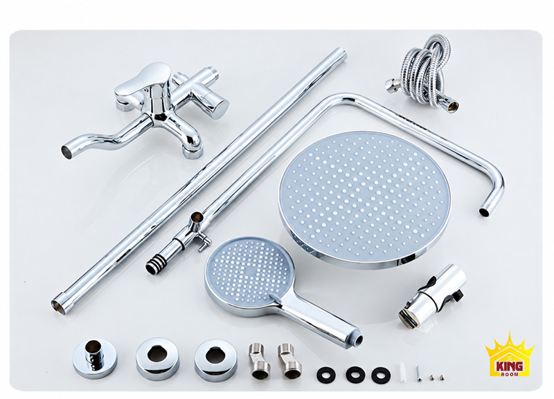 Phụ kiện bộ sen chrome Bát sen tròn, tay sen, củ sen đồng thau, dây và chi tiết lắp đặt đặt cạnh nhau