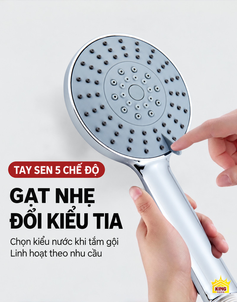 Gạt chuyển năm chế độ tay sen Tay sen tròn chrome với cần gạt đổi 5 kiểu tia nước