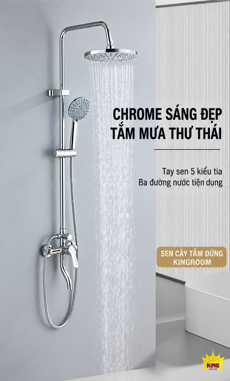 Thiết kế chrome và tắm mưa Sen cây KINGROOM chrome bát tròn và tay sen 5 chế độ trong phòng tắm