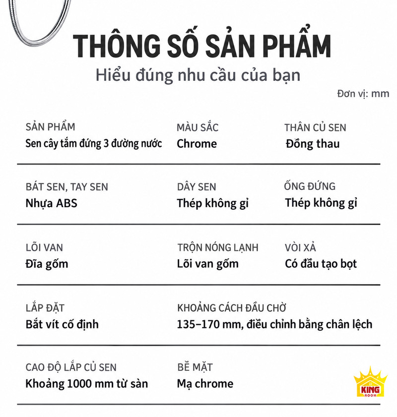 Thông số vật liệu và lắp đặt chrome Bảng thông số sen cây chrome ghi củ sen đồng thau, bát và tay sen ABS cùng đầu chờ 135 đến 170 mm