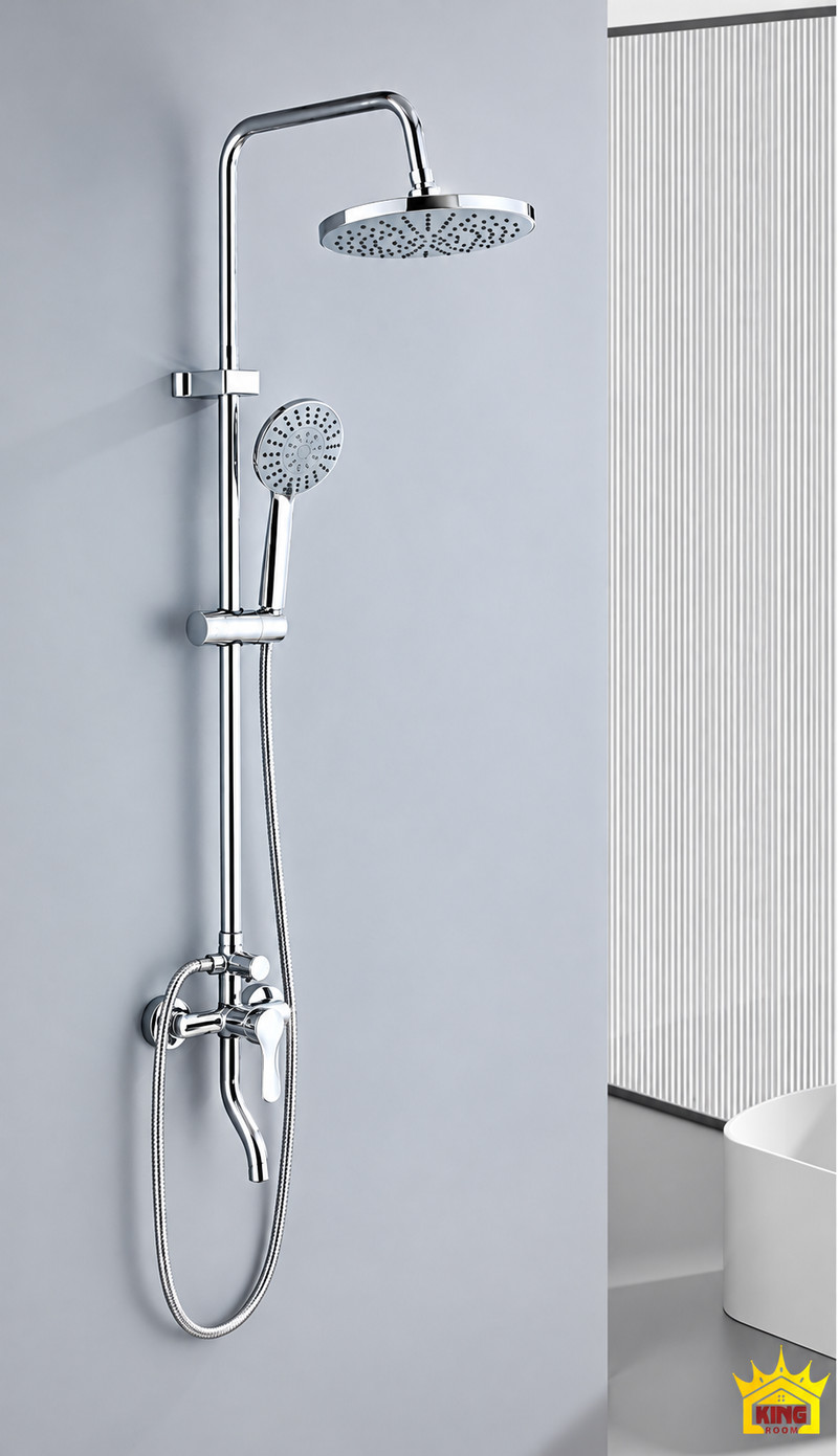 Toàn bộ sen cây chrome trong phòng tắm Sen cây chrome bát tròn, tay sen 5 chế độ và vòi xả dưới nhìn toàn bộ