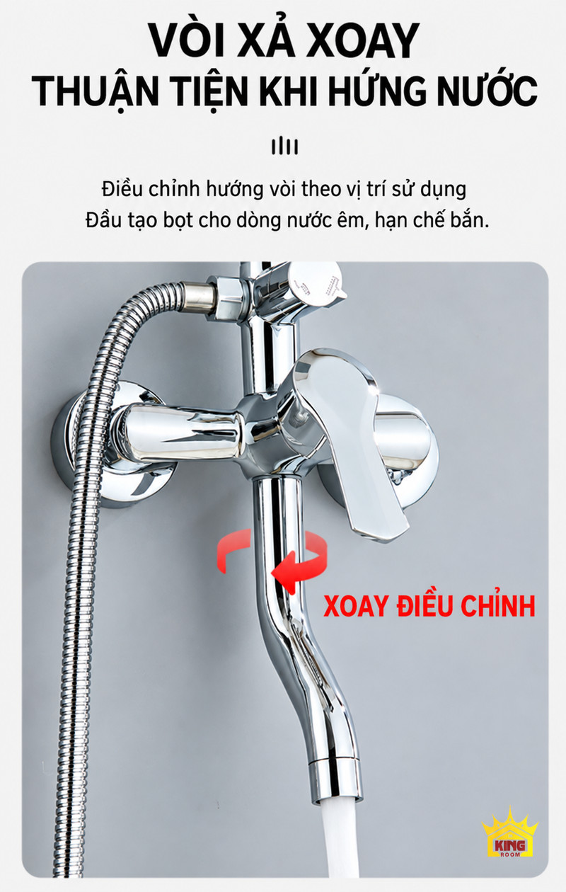 Vòi xả xoay trên củ sen Vòi xả dưới chrome có mũi tên xoay và dòng nước chảy xuống