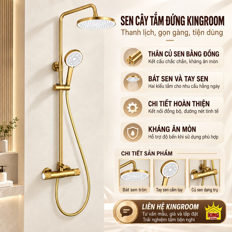 Bộ sen vàng với củ sen dạng trụ, bát và tay sen mặt trắng cùng minh họa vật liệu và kết nối.