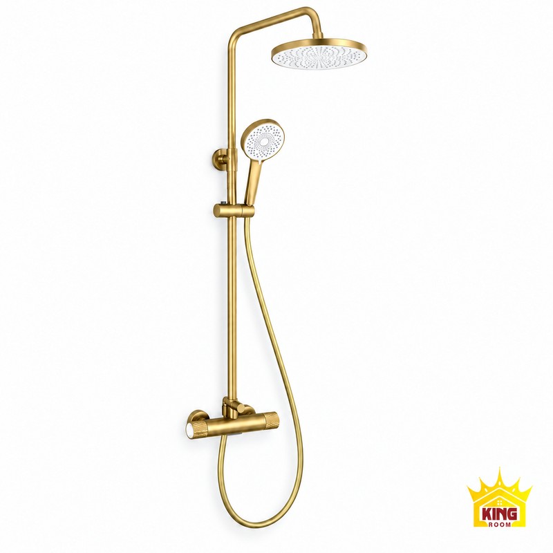Toàn bộ Sen Cây Tắm Đứng KINGROOM màu vàng với củ sen dạng trụ, bát sen và tay sen mặt trắng.