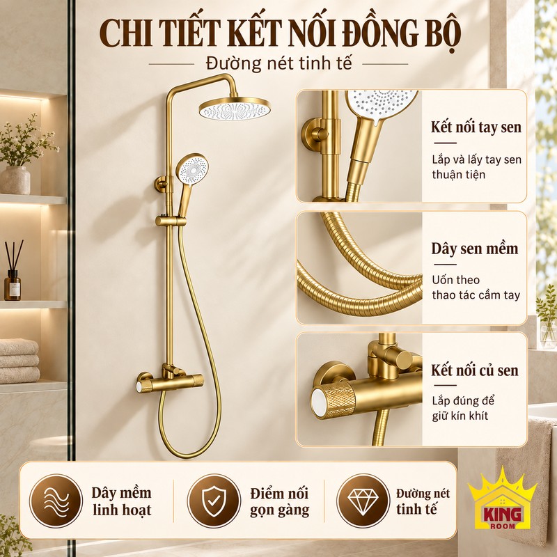 Chi tiết nối tay sen, dây sen và củ sen Ba ảnh cận cảnh nối tay sen, dây mềm và điểm lắp củ sen vàng.