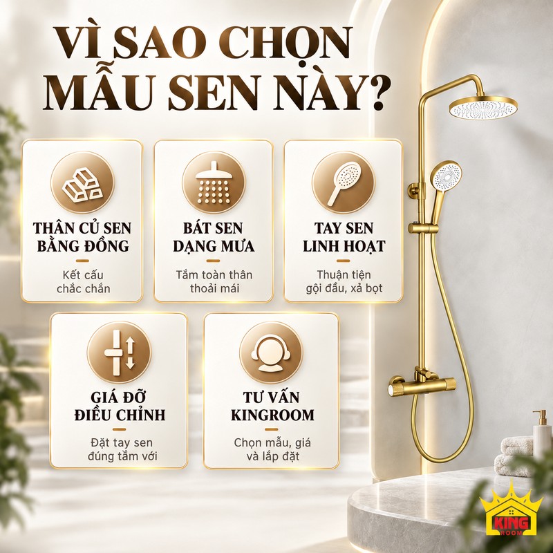 Ưu điểm thiết kế của bộ sen vàng Bộ sen vàng trong phòng tắm cùng các ô minh họa vật liệu, kết cấu và tư vấn.