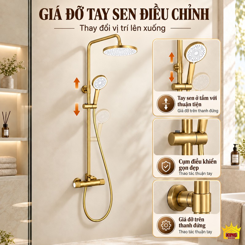 Giá đỡ tay sen điều chỉnh lên xuống Bộ sen vàng với mũi tên chỉ chuyển động lên xuống của giá đỡ tay sen và ảnh cận cảnh.