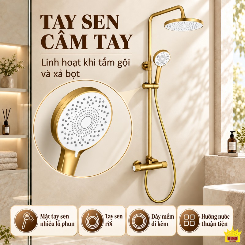 Cận cảnh mặt tay sen trắng Mặt tay sen tròn trắng với các lỗ phun và dây nối mềm của bộ sen vàng.