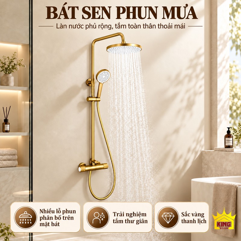 Bát sen vàng đang phun mưa Bộ sen vàng với bát tròn mặt trắng đang phun nước dạng mưa.