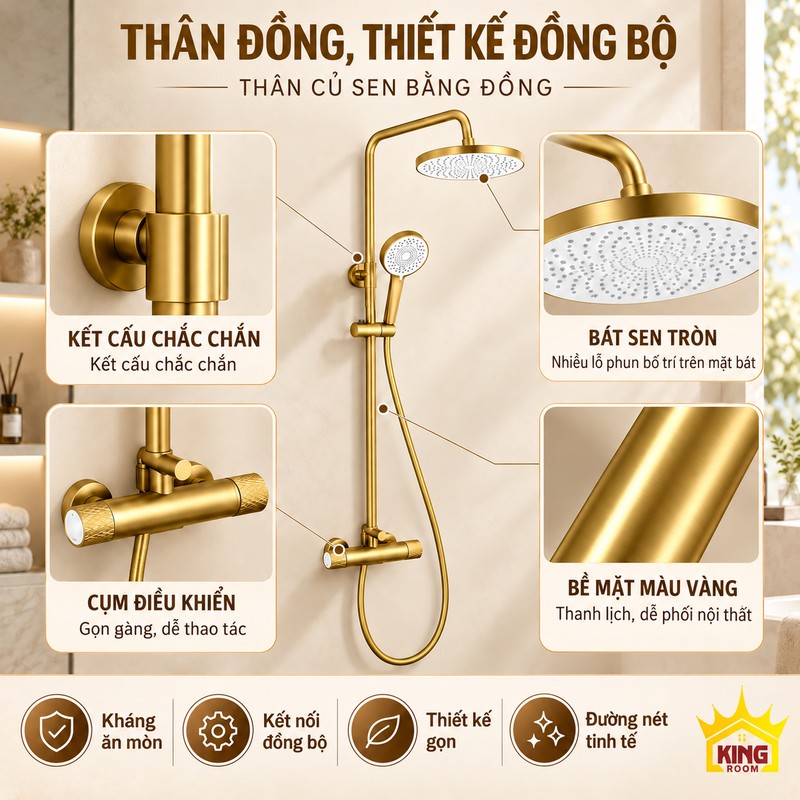Vật liệu và bề mặt hoàn thiện của sen vàng Cận cảnh điểm lắp tường, củ sen, bát sen và ống đứng màu vàng.