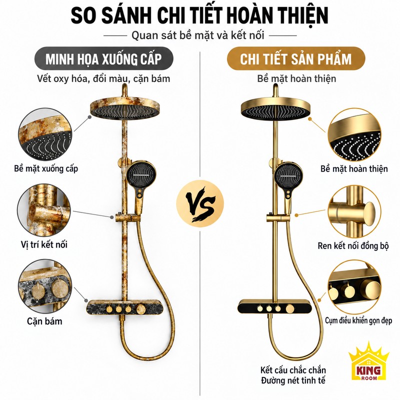 Ảnh minh họa bề mặt xuống cấp và các chi tiết hoàn thiện, kết nối của sen cây vàng đen.