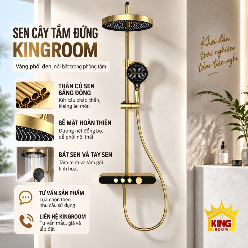 Bộ sen vàng đen trong phòng tắm cùng minh họa thân đồng, bề mặt hoàn thiện và hai kiểu tắm.