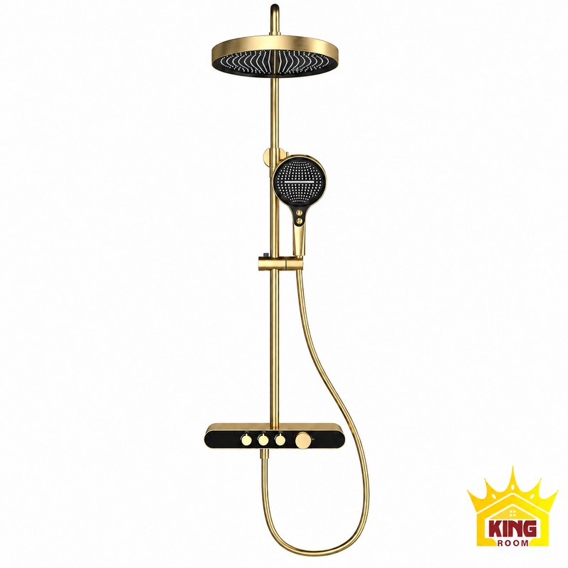 Toàn bộ Sen Cây Tắm Đứng KINGROOM vàng đen với bát tròn, tay sen rời và phím chọn nước.