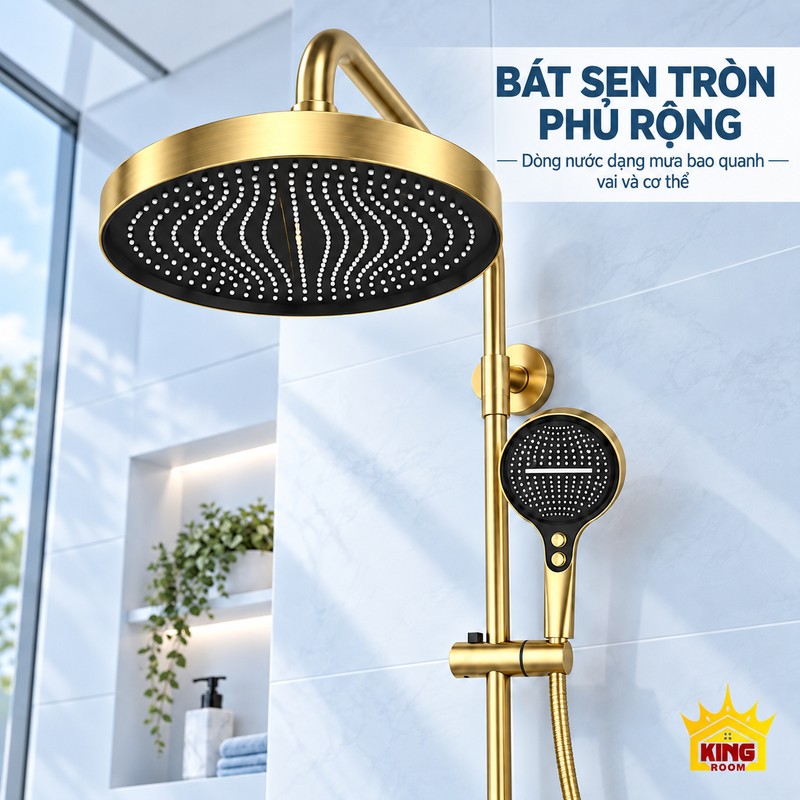 Cận cảnh mặt bát sen tròn đen Cận cảnh mặt bát sen tròn màu đen với các lỗ phun bố trí thành đường cong.