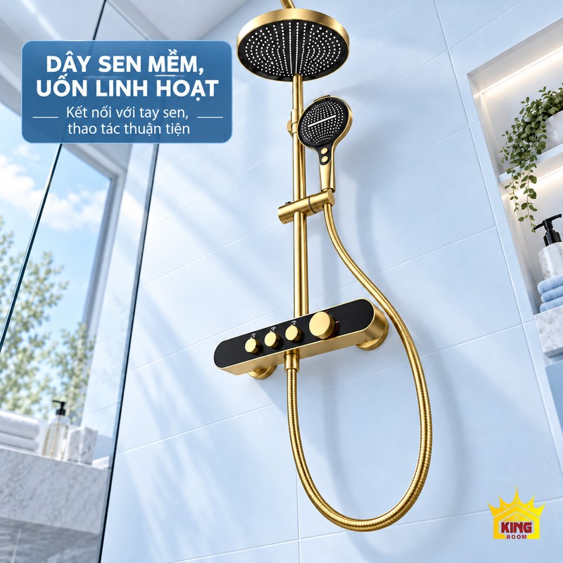 Dây sen mềm và bố trí bộ sen Góc nghiêng bộ sen vàng đen cho thấy dây mềm nối tay sen và cụm điều khiển.