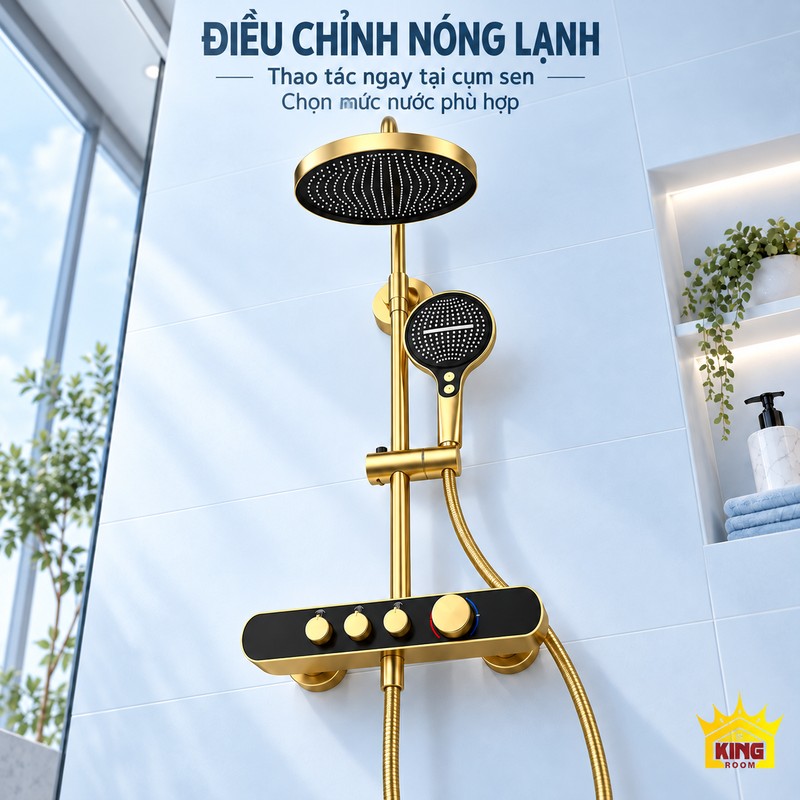 Cụm điều khiển nóng lạnh vàng đen Toàn bộ sen vàng đen với núm xoay lớn và ba phím nhỏ ở mặt củ sen.