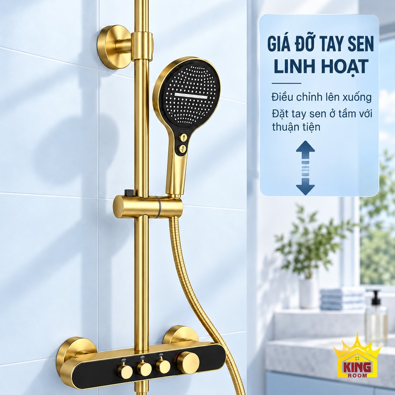Giá đỡ tay sen điều chỉnh chiều cao Giá đỡ tay sen trên thanh đứng với mũi tên lên xuống chỉ vị trí điều chỉnh.