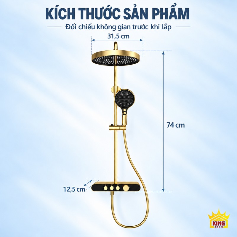 Bản vẽ kích thước sen vàng đen Bản vẽ bộ sen vàng đen với các khoảng đo 31,5 cm, 74 cm và 12,5 cm.